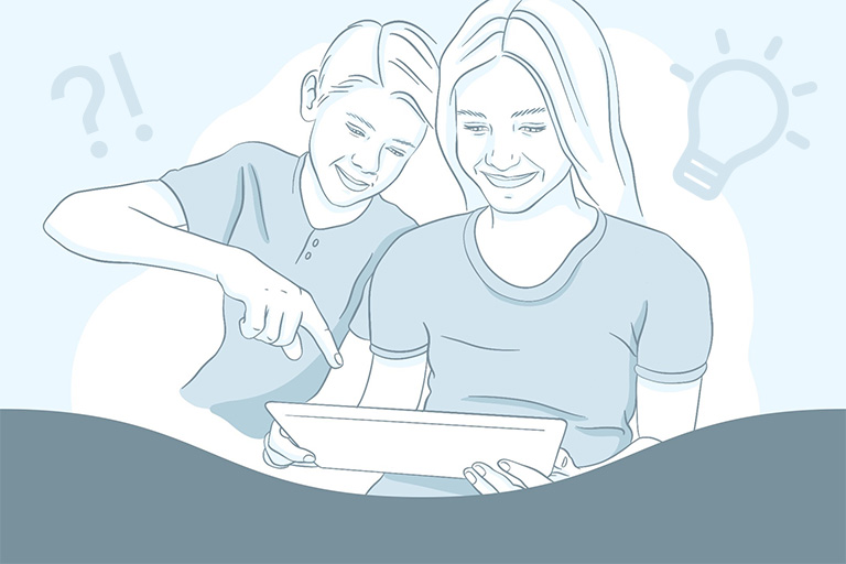Illustration av två leende ungdomar som tittar på en digital läsplatta tillsammans.